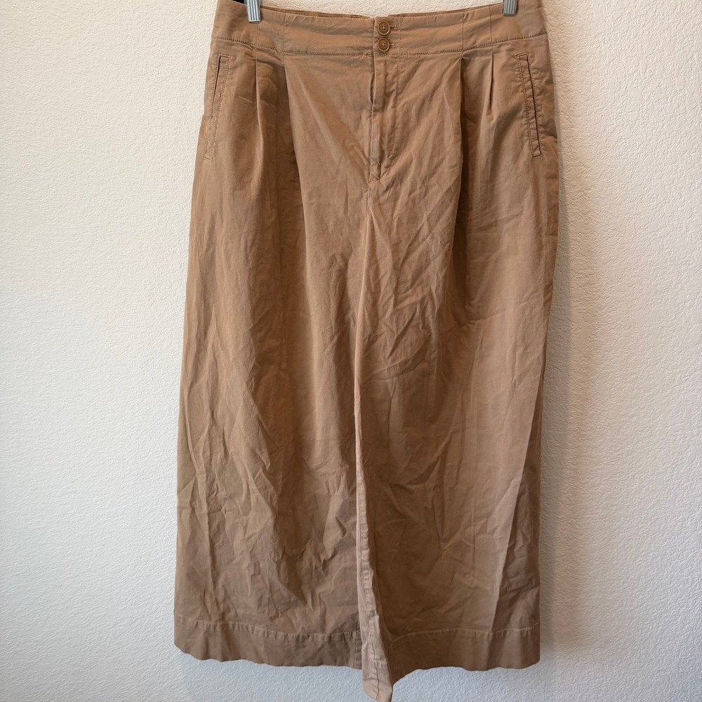 Maeve Anthropologie Tan Khaki Pleated Wide Leg Cropped Trousers Pants Size 14